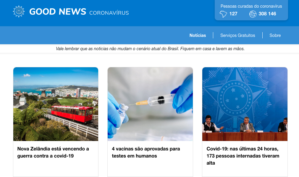 Site se dedica a apresentar apenas boas notícias sobre a COVID-19.