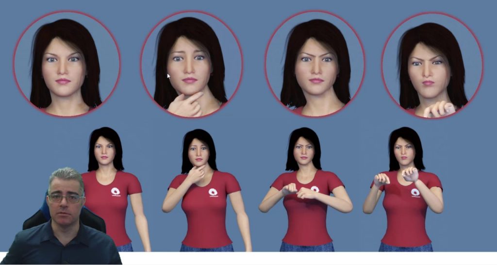 Exemplos de avatares que tem expressões faciais para facilitar a língua de sinais